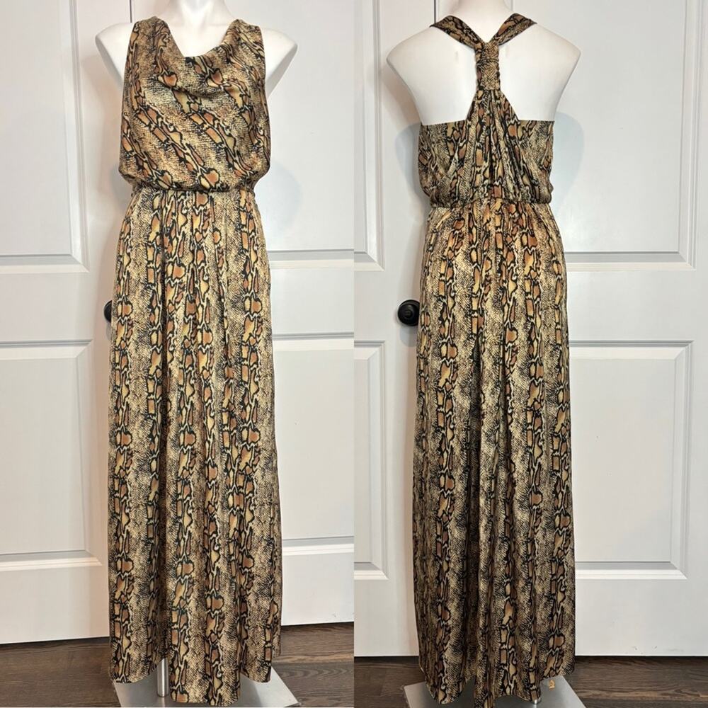 Great Jones Tan Black Snake Print Drape Neck Racerback Maxi Dress 2